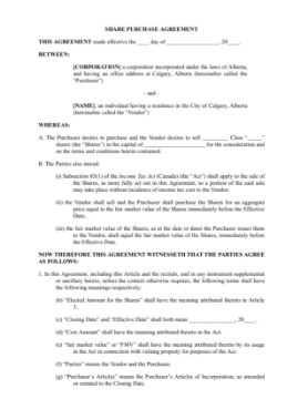 Show details for Alberta Section 85 Purchase Agreement for Common Shares Alberta section 85 rollover value stated