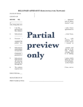 Picture of Texas Bills Paid Affidavit by Subcontractor or Supplier