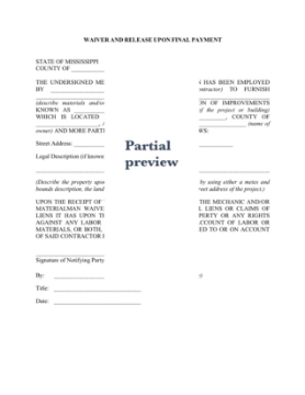 Mississippi Lien Waiver and Release Forms Package Mississippi Lien Waiver and Release Forms Package