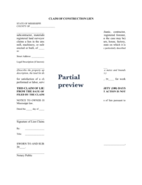 Mississippi Claim of Construction Lien Mississippi Claim of Construction Lien