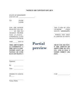 Mississippi Notice of Contest of Lien form Mississippi Notice of Contest of Lien form