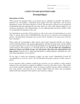 Lawyer Client Intake Questionnaire for Personal Injury Claim client intake form for personal injury