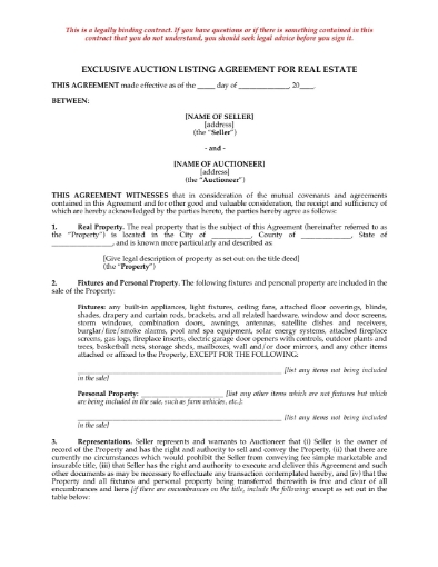 Picture of Exclusive Auction Listing Agreement for Real Estate | USA