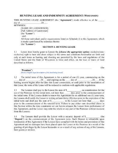 Picture of Wisconsin Hunting Lease and Indemnity Agreement