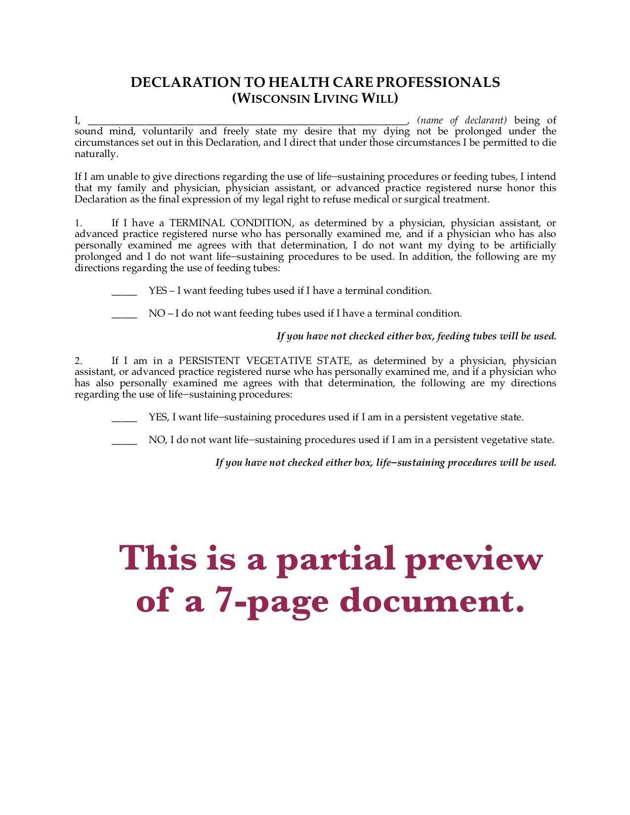 Wisconsin Declaration to Healthcare Professionals (Living Will ...