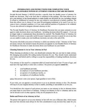 Nevada Durable Power of Attorney for Healthcare Decisions Nevada Durable Power of Attorney for Healthcare Decisions