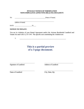 Arizona Landlord 5 day Notice of Termination - Health and Safety Noncompliance Arizona Landlord 5 day Notice of Termination - Health and Safety Noncompliance