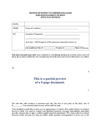 Arizona 5-Day Notice of Intent to Terminate Lease (nonpayment of rent)