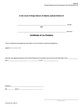 Alberta Certificate of Lis Pendens for Builder's Lien Alberta Certificate of Lis Pendens for Builder's Lien