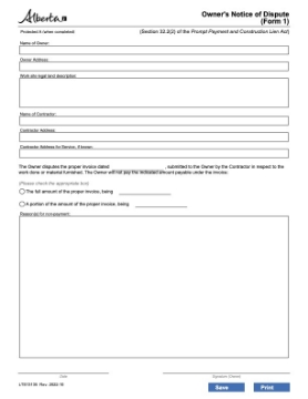 Alberta Owner's Notice of Dispute form 1 Alberta Owner's Notice of Dispute form 1