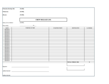 Daily Mileage Sheet for film or TV production Daily Mileage Sheet for film or TV production
