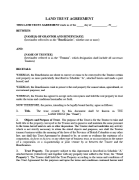 BC Land Trust Agreement Agreement to set up land trust in British Columbia