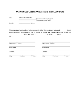 Canada acknowledgement of payment of promissory note Receipt of payment in full under a promissory note in Canada