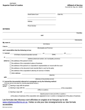 Ontario Affidavit of Service Ontario Affidavit to be sworn and filed after service of documents