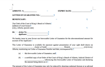 Alberta Irrevocable Letter of Guarantee Letter of Guarantee to pay court costs in a legal action in the Province of Alberta