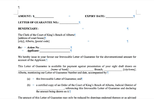 Letter of Guarantee to pay court costs in a legal action in the Province of Alberta