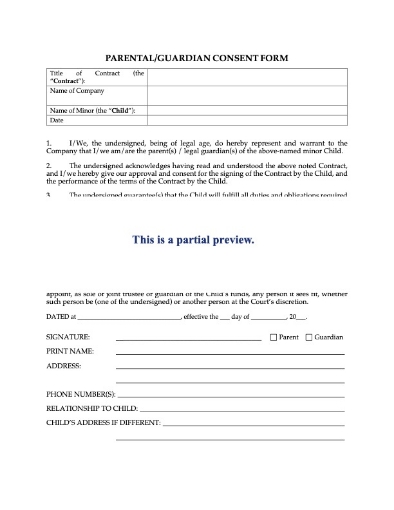 Consent of Parent or Guardian for Minor to Enter into Contract