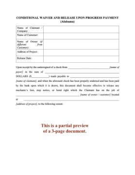 Alabama Conditional Waiver and Release of Lien - Progress Payment Alabama Conditional Waiver and Release of Lien - Progress Payment