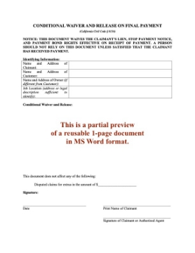 California Conditional Waiver and Release of Lien - Final Payment California Conditional Waiver and Release of Lien - Final Payment