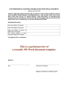 California Unconditional Waiver and Release of Lien - Final Payment California Unconditional Waiver and Release of Lien - Final Payment
