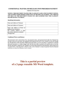 California Conditional Waiver and Release of Lien - Progress Payment California Conditional Waiver and Release of Lien - Progress Payment