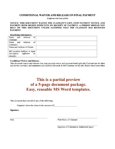 California Release and Waiver of Lien Forms Package