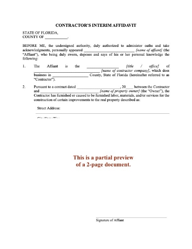 Florida Interim Affidavit of Contractor