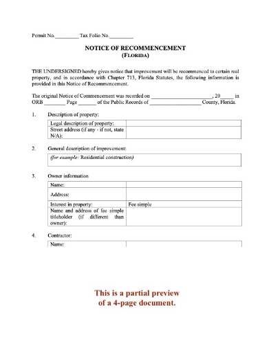 Picture of Florida Notice of Recommencement