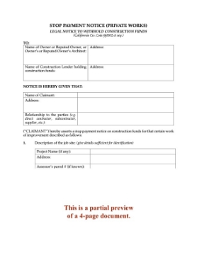 California Stop Payment Notice - Private Works California Stop Payment Notice - Private Works