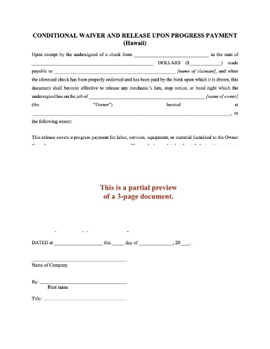 Hawaii Conditional Waiver and Release of Lien - Progress Payment