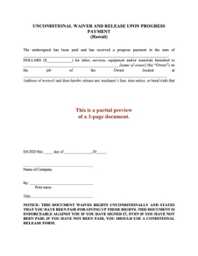 Hawaii Unconditional Waiver and Release of Lien - Progress Payment Hawaii Unconditional Waiver and Release of Lien - Progress Payment