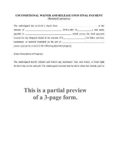 North Carolina Unconditional Lien Waiver and Release on Final Payment