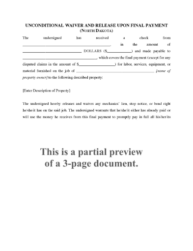 North Dakota Unconditional Lien Waiver and Release on Final Payment