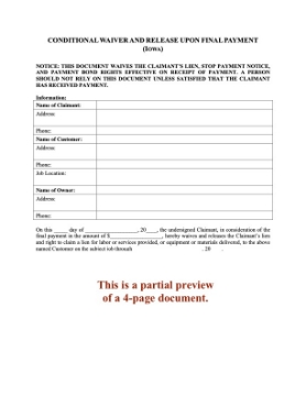 Iowa Conditional Lien Waiver and Release - Final Payment Iowa Conditional Lien Waiver and Release - Final Payment