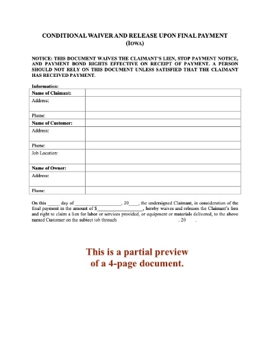 Iowa Conditional Lien Waiver and Release - Final Payment