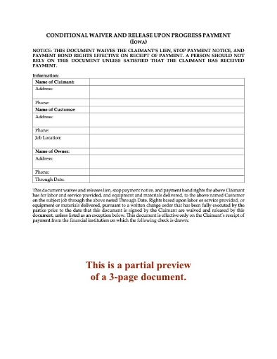 Iowa Conditional Lien Waiver and Release - Progress Payment