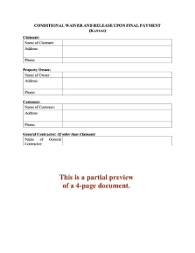 Kansas Conditional Lien Waiver and Release on Final Payment Kansas Conditional Lien Waiver and Release on Final Payment