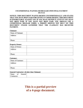 Kansas Unconditional Lien Waiver and Release on Final Payment Kansas Unconditional Lien Waiver and Release on Final Payment