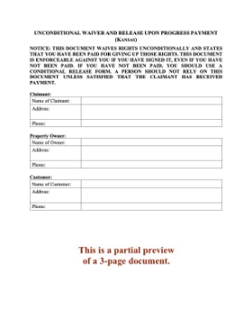 Kansas Unconditional Lien Waiver and Release on Progress Payment Kansas Unconditional Lien Waiver and Release on Progress Payment