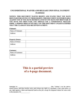 Louisiana Unconditional Lien Waiver and Release on Final Payment Louisiana Unconditional Lien Waiver and Release on Final Payment