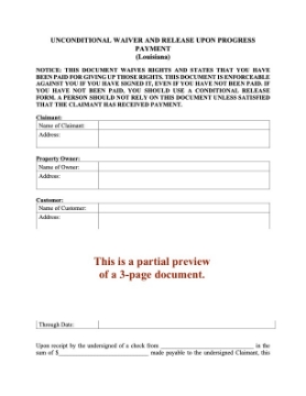 Louisiana Unconditional Lien Waiver and Release of Progress Payment Louisiana Unconditional Lien Waiver and Release of Progress Payment