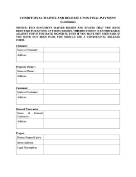 Louisiana Lien Waiver and Release Forms Package Louisiana Lien Waiver and Release Forms Package
