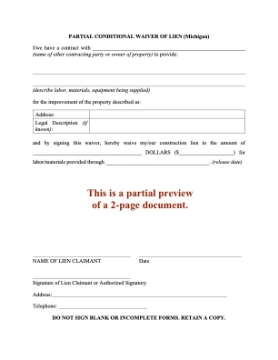 Michigan Partial Conditional Waiver of Lien Michigan Partial Conditional Waiver of Lien