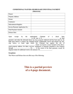 Missouri Conditional Lien Waiver and Release - Final Payment Missouri Conditional Lien Waiver and Release - Final Payment