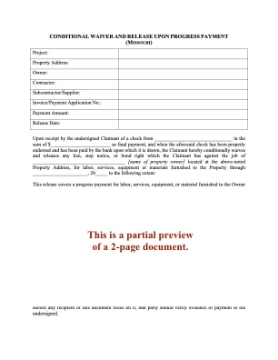 Missouri Conditional Lien Waiver and Release - Progress Payment Missouri Conditional Lien Waiver and Release - Progress Payment