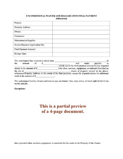 Missouri Unconditional Lien Waiver and Release - Final Payment