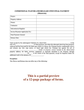 Missouri Lien Waiver and Release Forms Package Missouri Lien Waiver and Release Forms Package