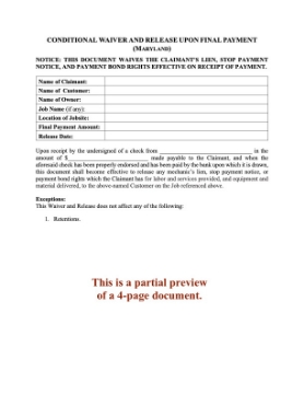 Maryland Conditional Lien Waiver and Release on Final Payment Maryland Conditional Lien Waiver and Release on Final Payment