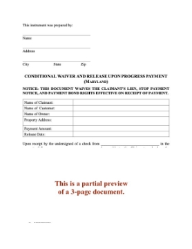 Maryland Conditional Lien Waiver and Release on Progress Payment Maryland Conditional Lien Waiver and Release on Progress Payment