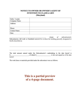 Maryland Notice to Owner of Intention to Claim a Lien Maryland Notice to Owner of Intention to Claim a Lien